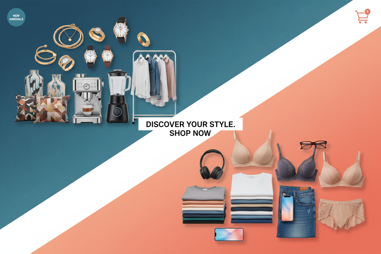 website image banner for home appliance, jewellery , hand watch , gadget, Home Decor , fashion , women clothes , man cloth under garments ,   unioque Design 